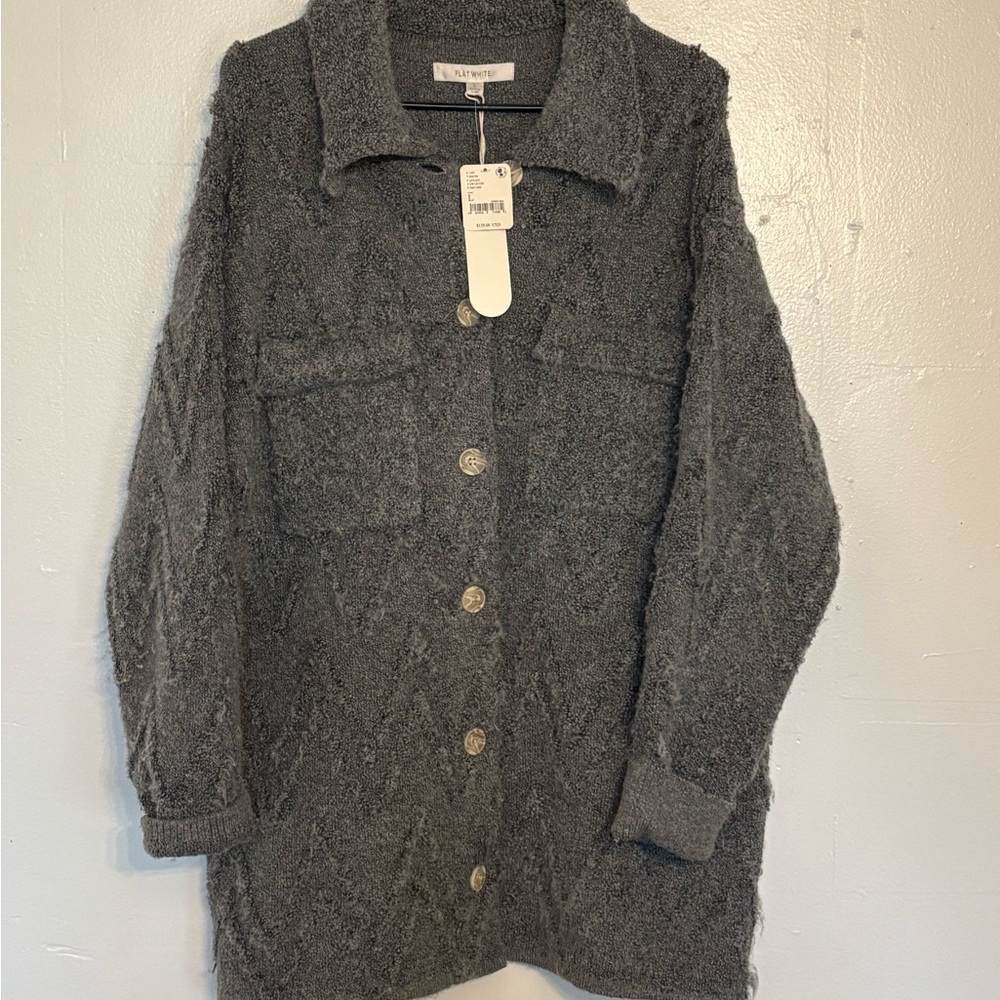 Free People Charcoal Gray Shaggy Button-Up Sweater Jacket